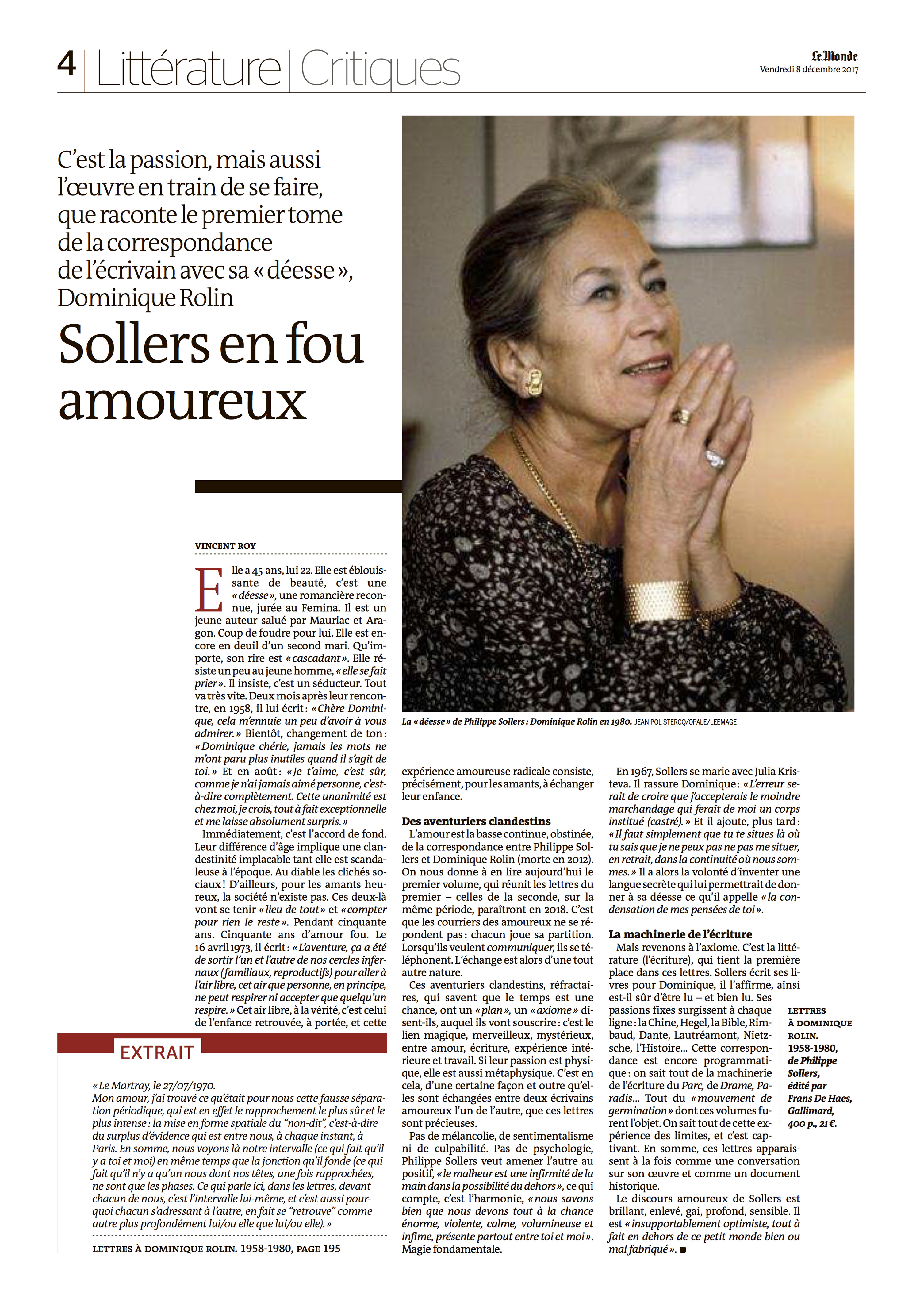 Philippe Sollers en fou amoureux, Le Monde du 8 décembre 2017