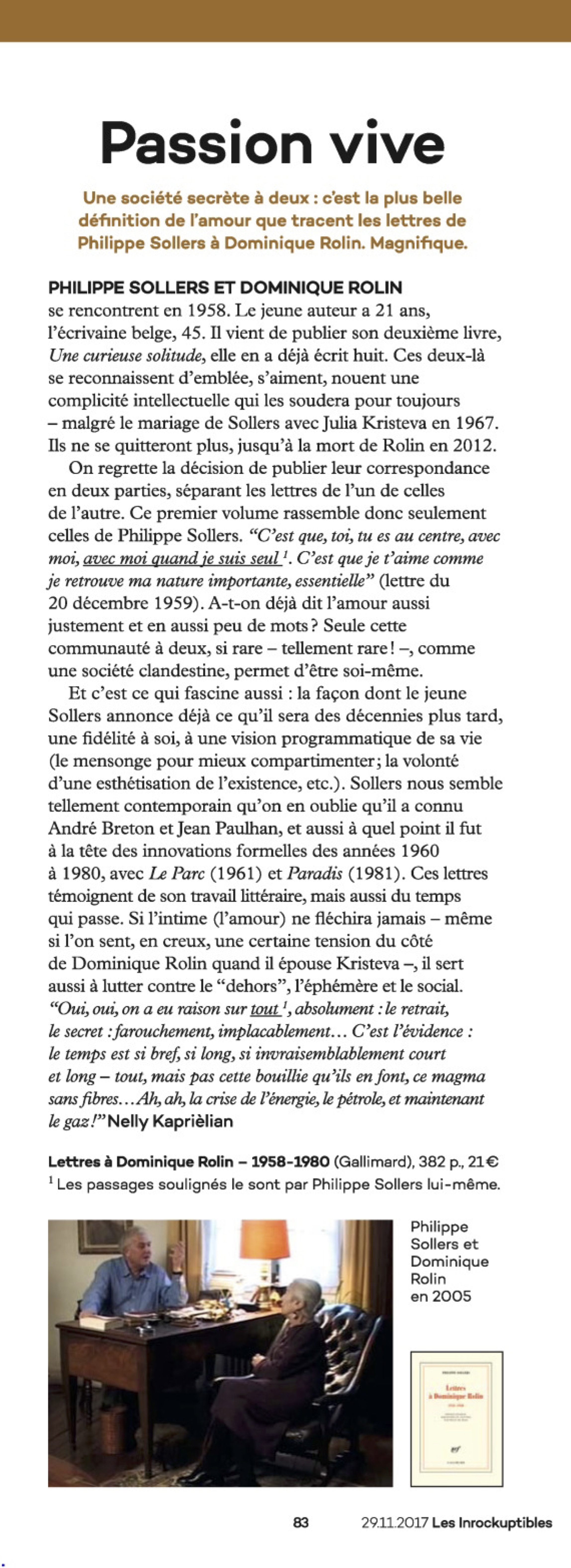 “Lettres à Dominique Rolin” de Philippe Sollers : passion vive