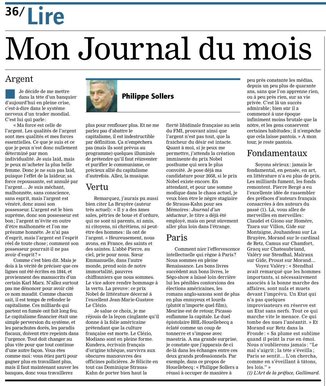 Sollers le Journal du mois