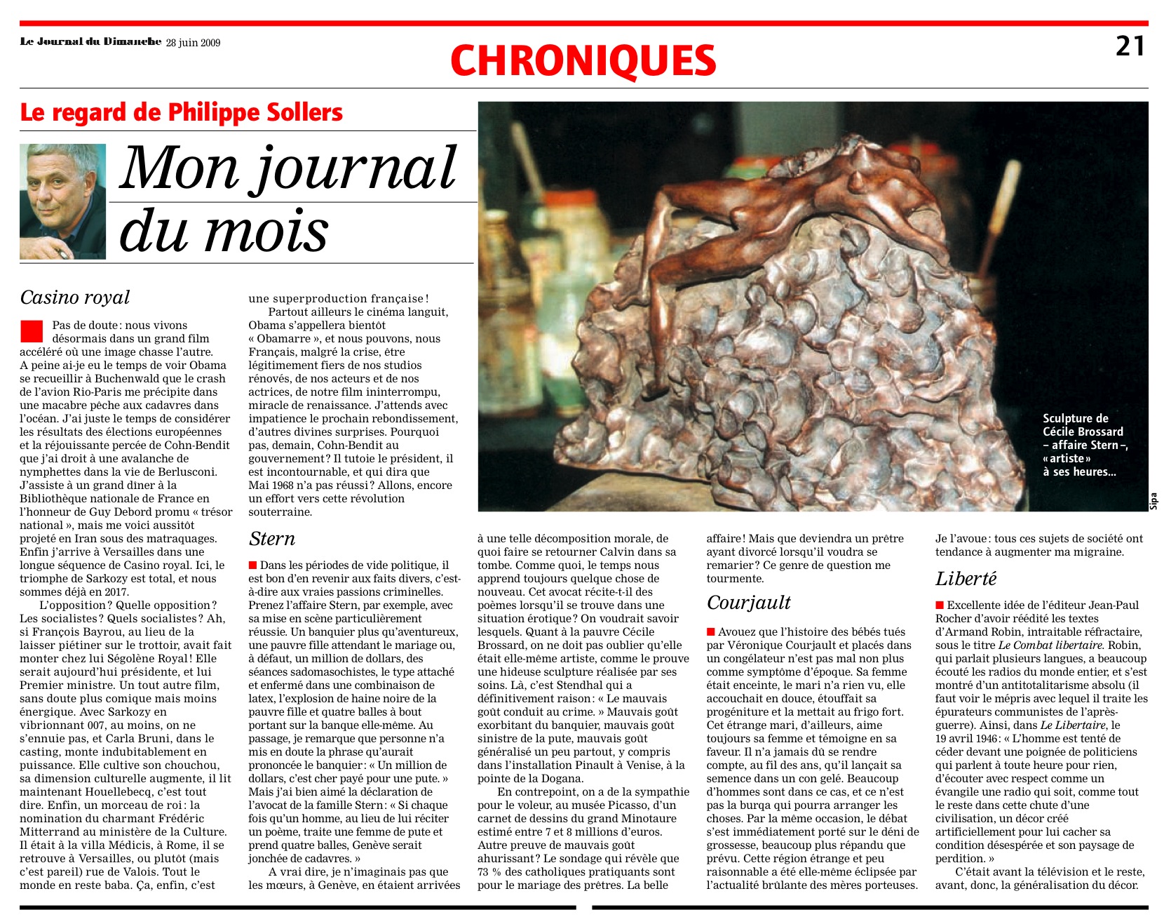 Sollers journal du mois,  juin 2009