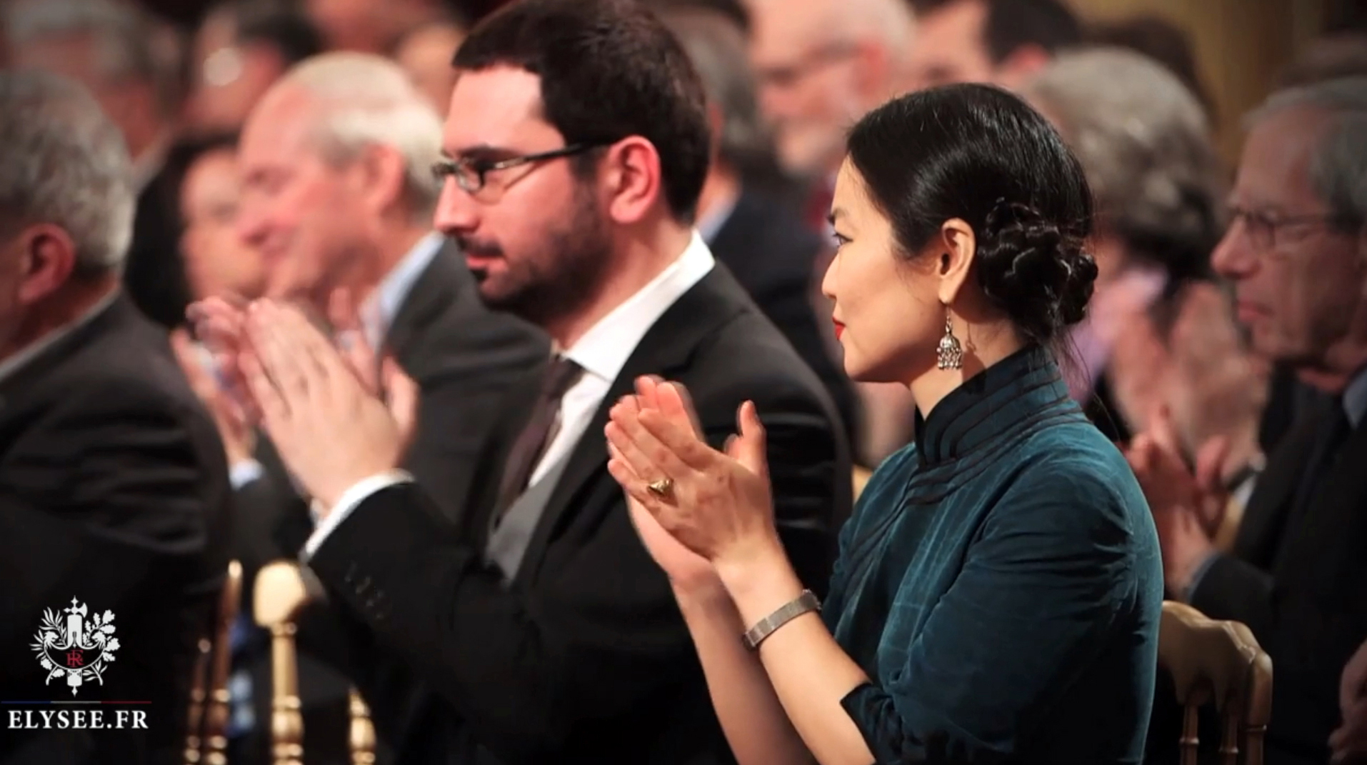 Georgi K. Galabov et Sophie Zhang à la Cérémonie de remise de décoration de Commandeur de la Légion d'Honneur à Julia Kristeva  Palais de l'Élysée, 18 février 2015 photo D. Adam