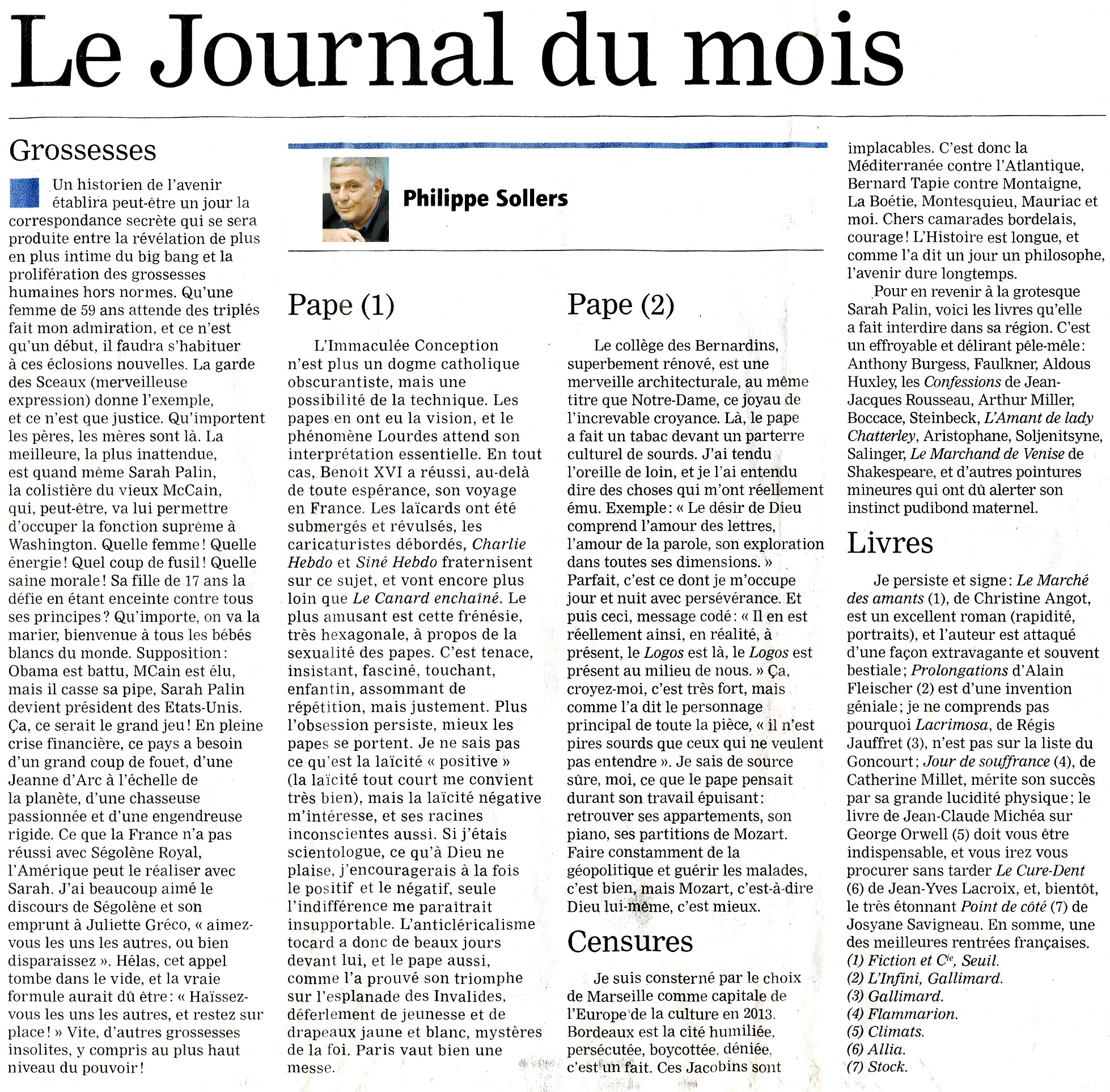 Sollers Journal du mois Septembre 08