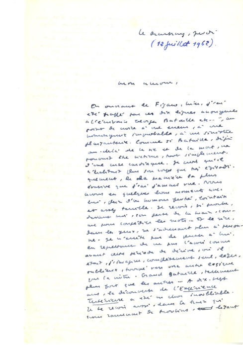 Lettre de Philippe Sollers  Dominique Rolin, 12 juillet 1962