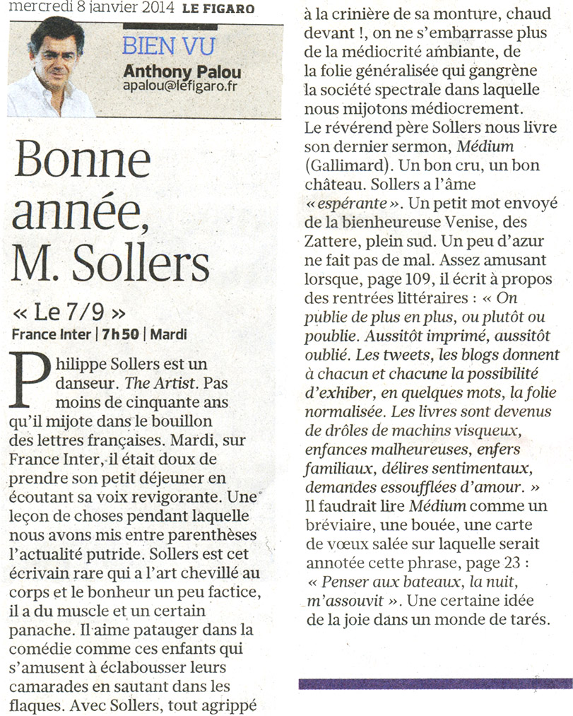 Philippe Sollers - Mdium -Le figaro du 8 janvier 2014